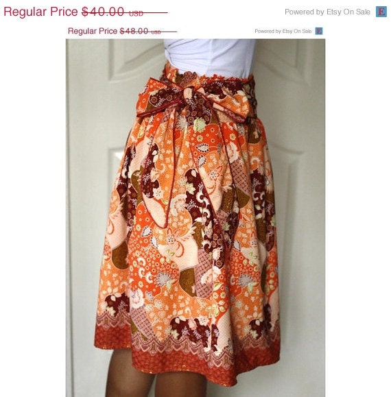 ON SALE Tangerine Orange Midi Skirt with Sash Belt - Traditional Borneo Fabric