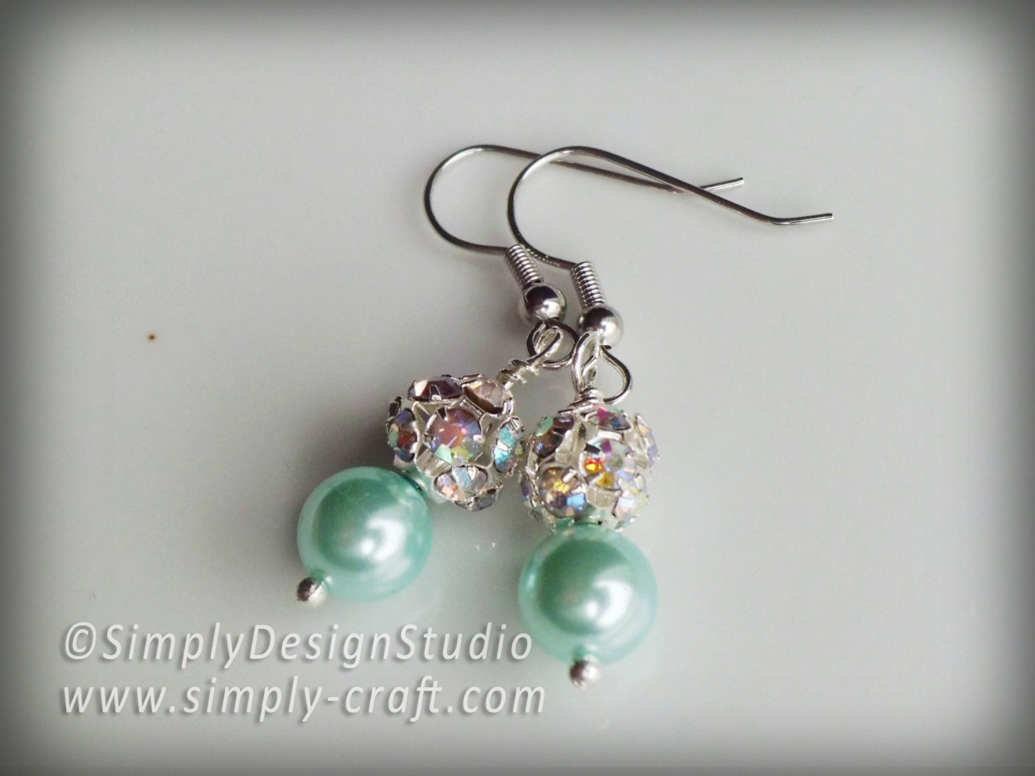 Turquoise Tiffany Blue Pearl and Crystal Rhinestones Ball Silver Drop Earrings Bridal Party Bridesmaid Gift, Wedding Jewelry E011