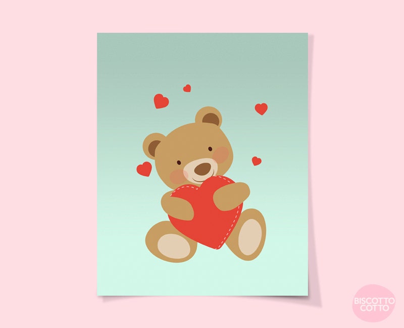 Nursery art print, Kids wall art, Portrait of a baby bear in love on a mint background, 11x14, Art print.