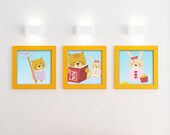 Baby room art, Nursery wall, Children room print, Art set of 3, 8x10, different subjects on a light blue background.