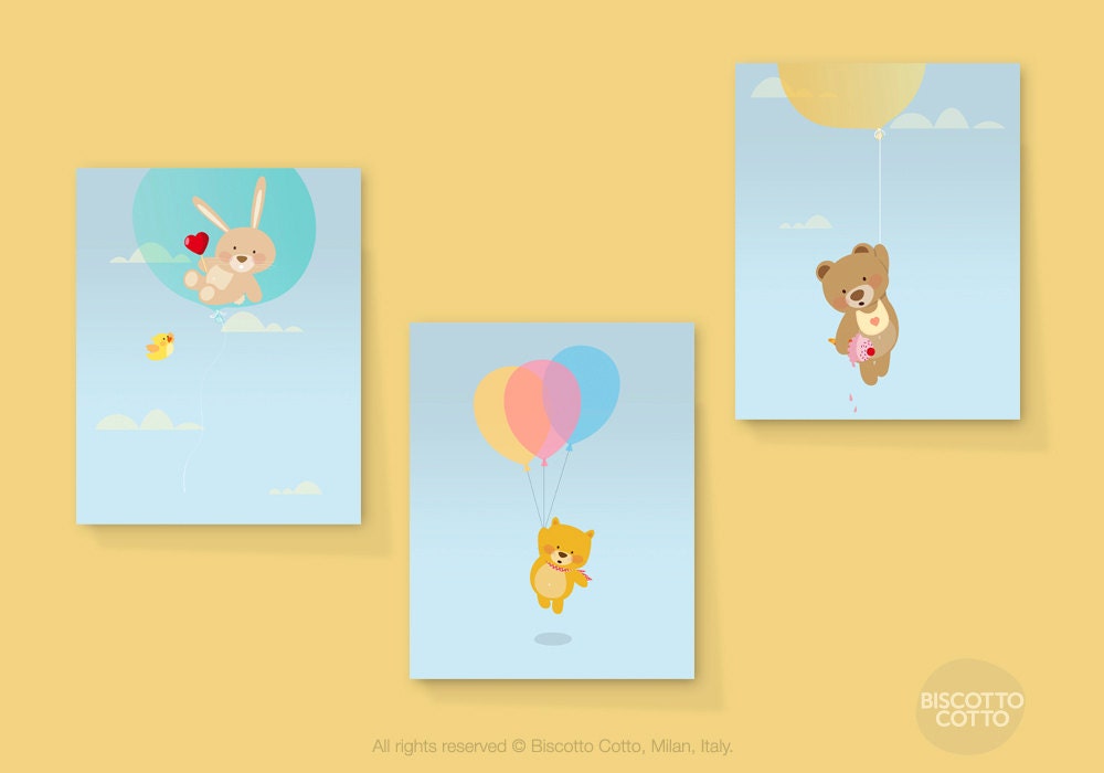 Art print set, 5x7. A little bunny, a kitten and a teddy bear flying with balloons on a light blue background.