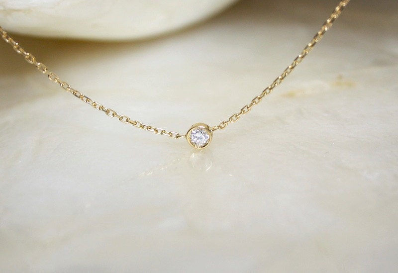 Solitaire diamond and 18k yellow gold necklace, Bezel set diamond necklace, Bezel diamond pendant, Bride necklace