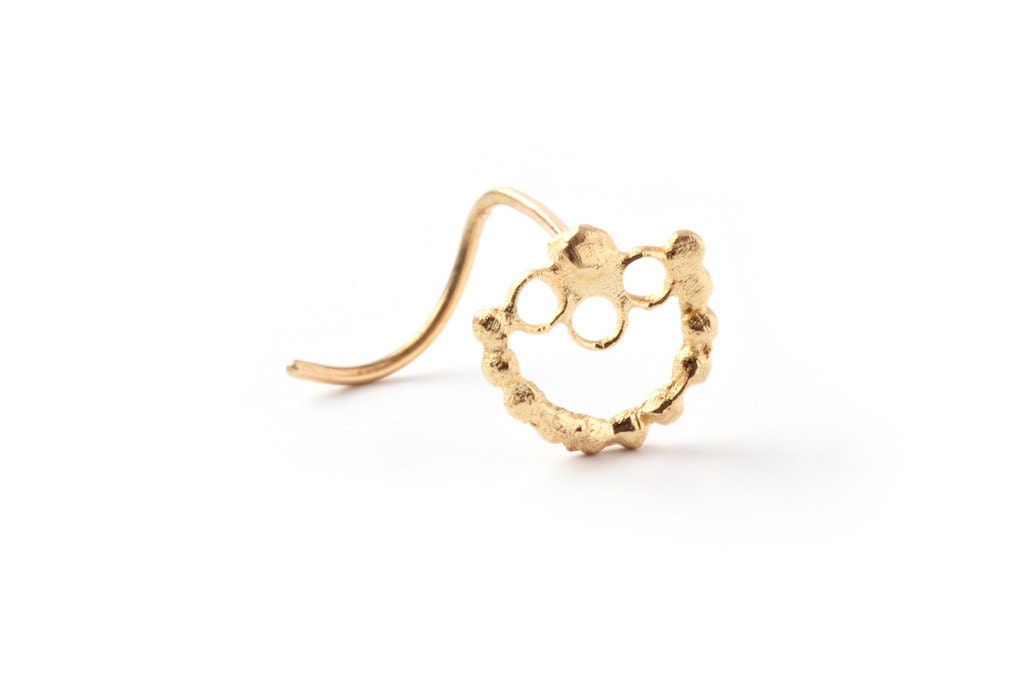 Gold nose ring 14 karat - gold stud-Hand made- Art Nouveau style- A delicate 14 KT Solid Yellow Gold Nose Ring- gift for her