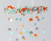 Elephant Nursery Mobile in Aqua, Orange, Gray & White- Nursery Mobile Decor, Baby Shower Gift