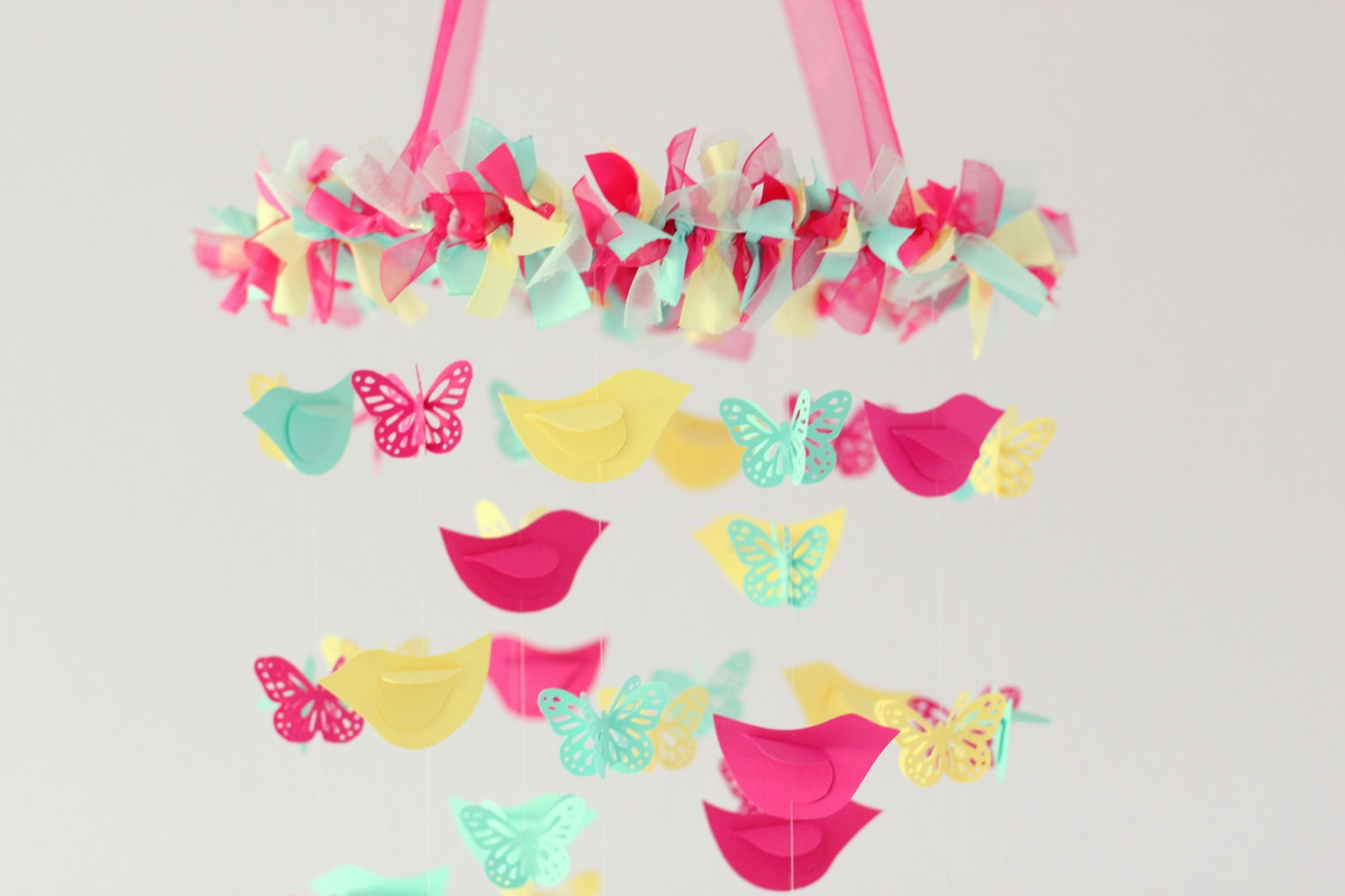 Aqua, Pink & Yellow Birds and Butterflies Nursery Mobile- Nursery Decor, Baby Shower Gift