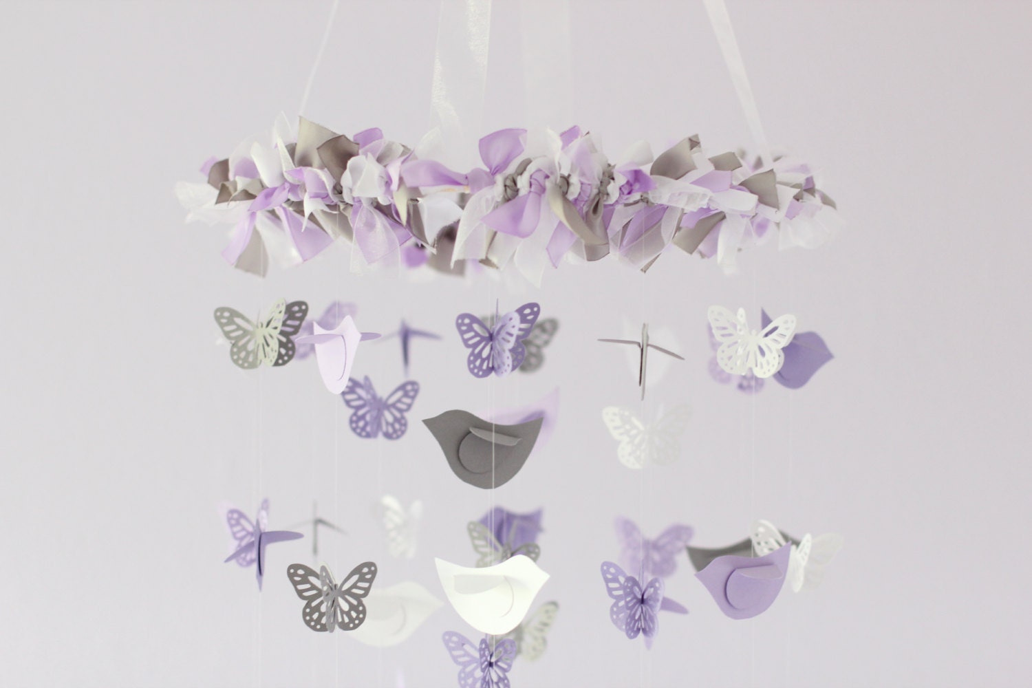 Lavender, Gray & White Butterflies and Birds Nursery Mobile, Baby Shower Gift