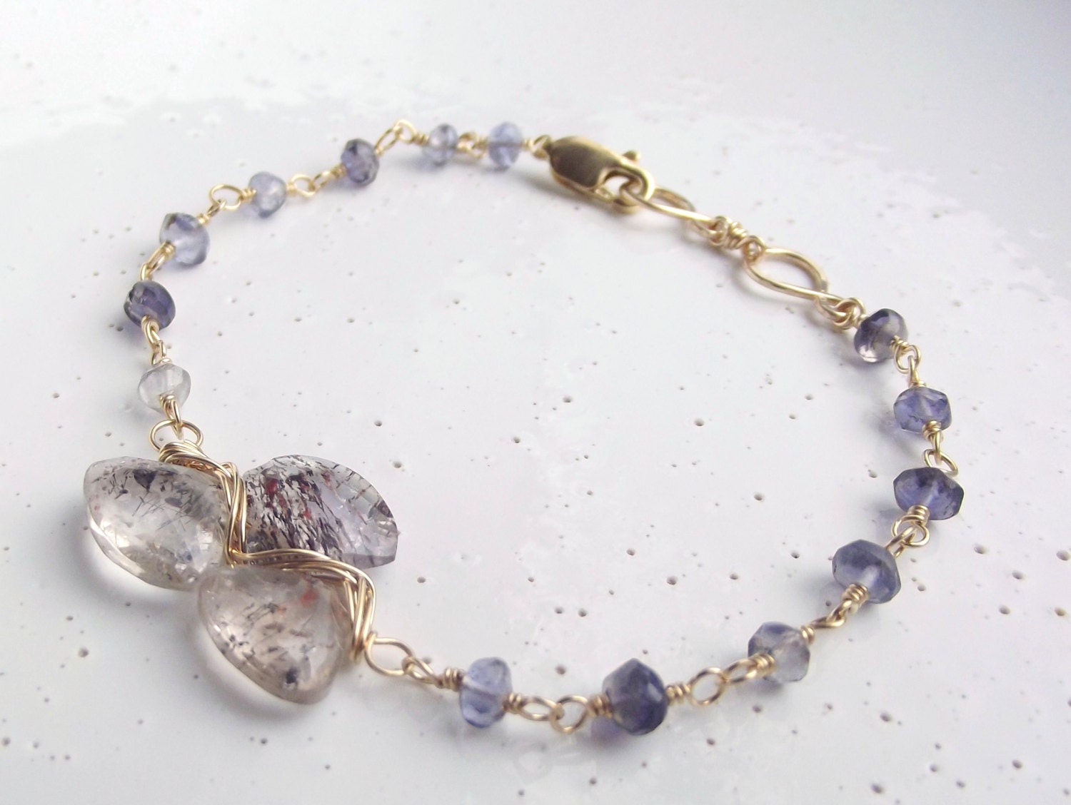 Woven Bracelet, Wire Wrapped Bracelet, Purple Bracelet, Bridesmaid Jewelry, Iolite, Moss Amethyst & 14k Gold-filled Woven Wire Bracelet