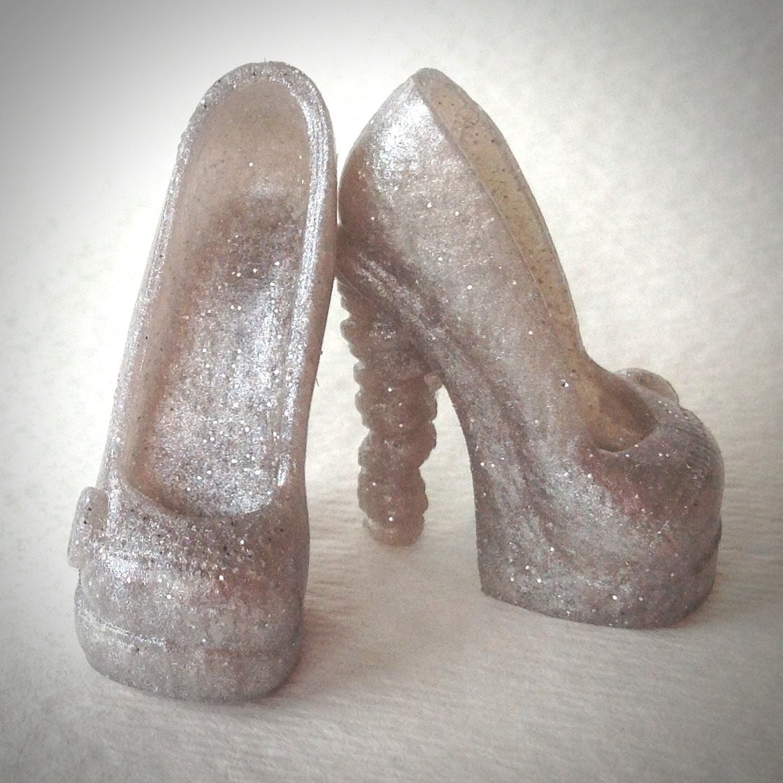 Silver Sparkle Satin Stacked Heel Monster High Shoes for Dolls - Dollicious Customs