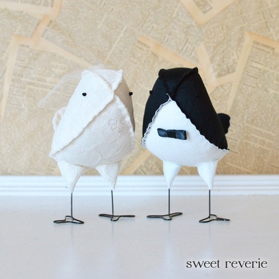 Custom Wedding Cake Topper Vintage Fabric Love Birds with Veil and Bow Tie, Design Your Own, Customizable Wedding Birds - Made to Order
