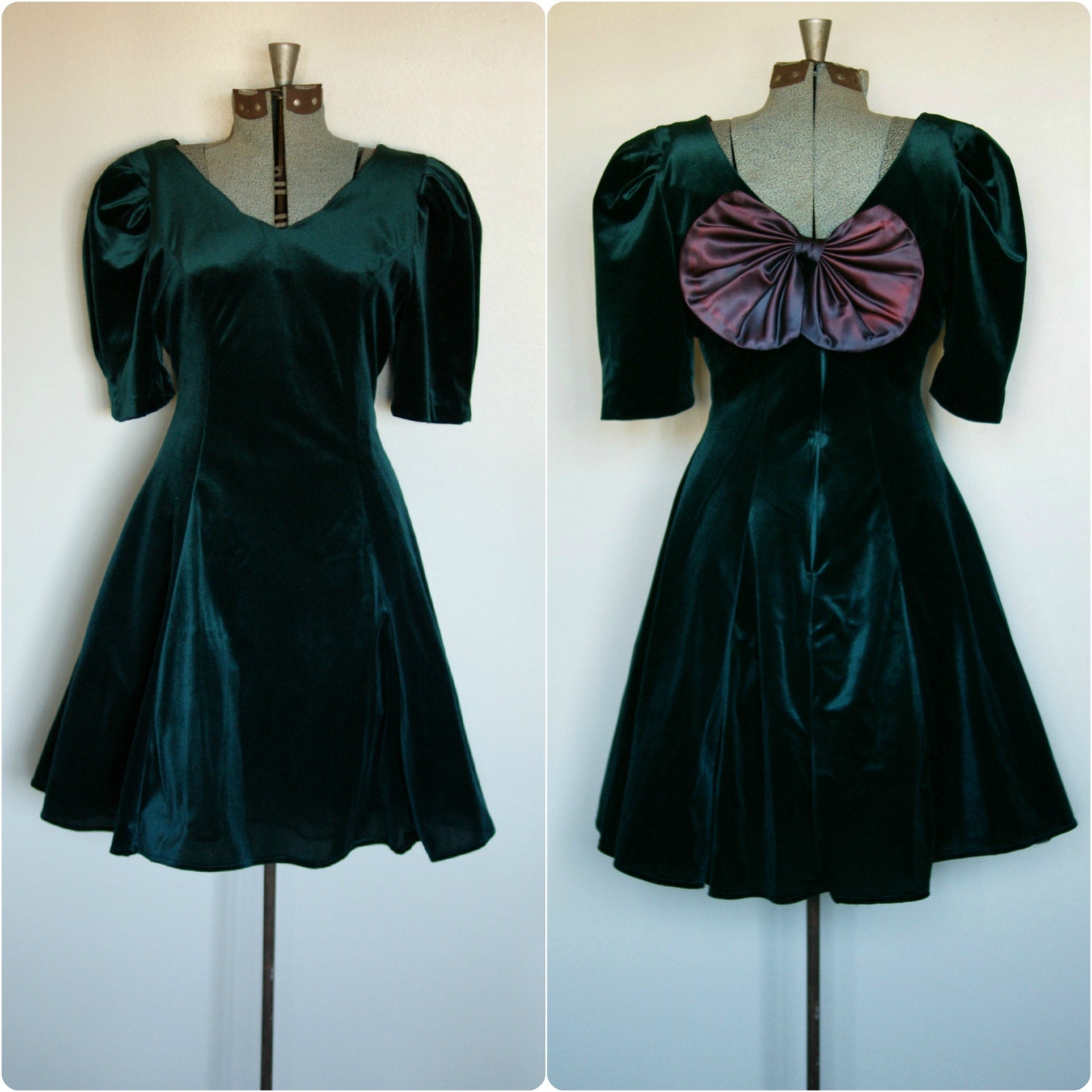Vintage Green Velvet Puff Sleeve Dress with Crinoline Underskirt