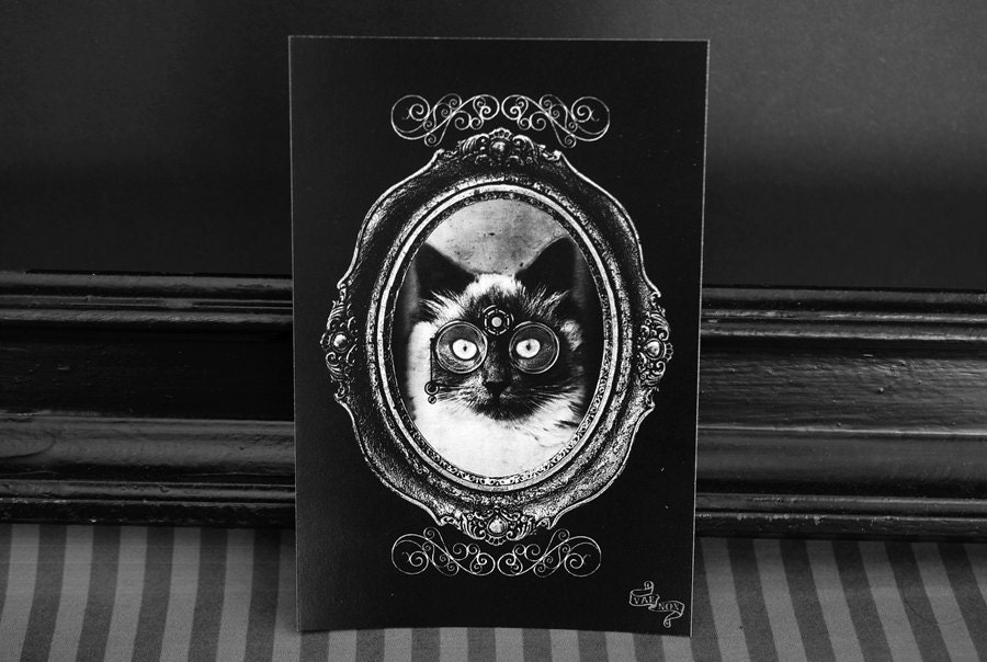 Digital art print card - Steampunk Cat, digital collage by Vae Nox