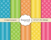 Digital Paper Pack: Bright Basics  - Polka Dots & Stripes Scrapbook Paper, Design Pattern and Background - INSTANT DOWNLOAD