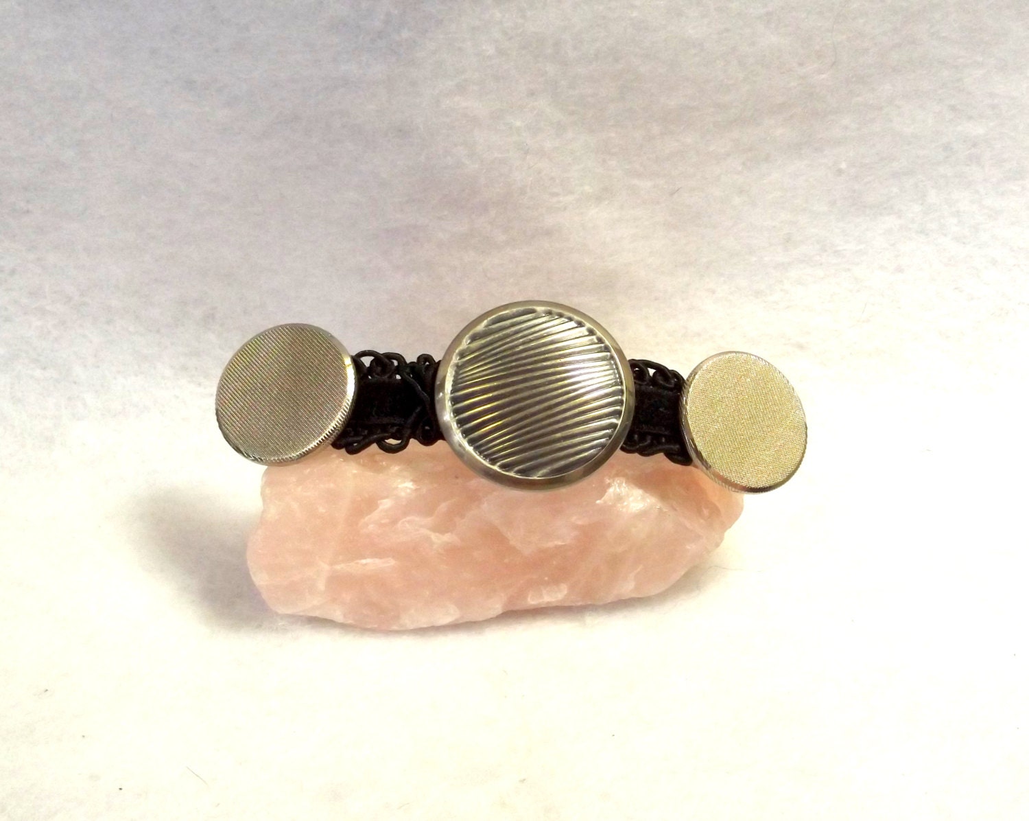 SILVER Button Barrette, Black Velvet Trim, Vintage, Retro Style, Elegant, Classic