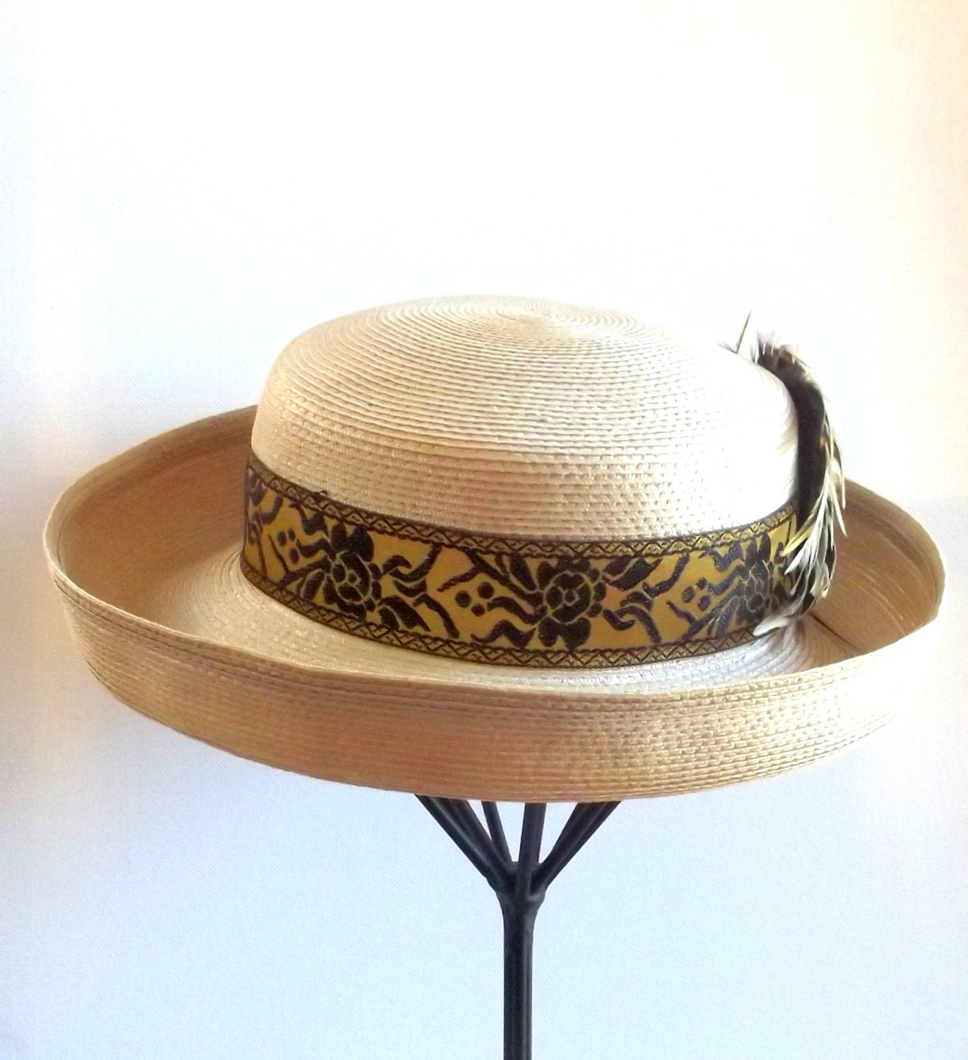 Straw Vintage Hat, Refurbished, Feather Accent,  Spring, Summer, Tea Party, Costume