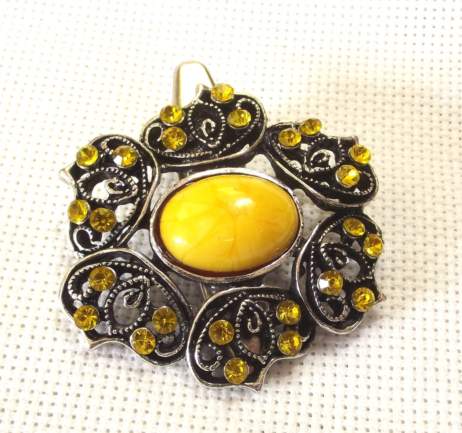 Repurposed Hair Clip, Recycled Brooch, Yellow Crystal, Glass Cabochon, Summery/Spring, Costume