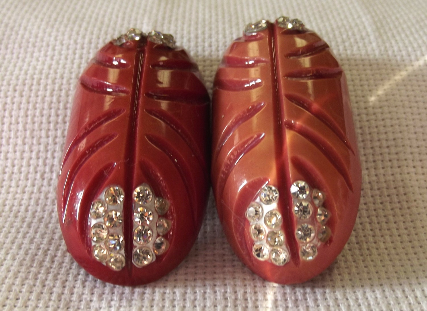 Vintage Buckle, Celluloid, Red, Rhinestone, Art Deco, Carved, Jewelry