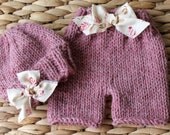 Pink Rose Heather Bow Short Pants and Beanie Set for Baby - Hand Knit with Vintage Inspired Fabric Bows - Newborn - Ready to Ship