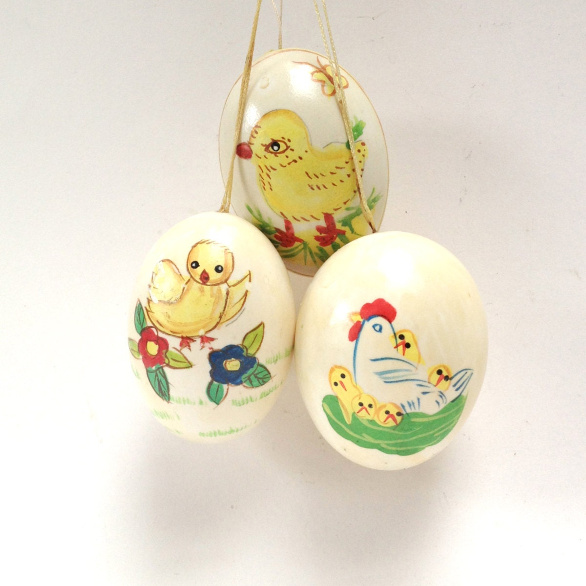 Vintage hand-painted Easter eggs, three different designs with chicks - vintagecuriosityshop