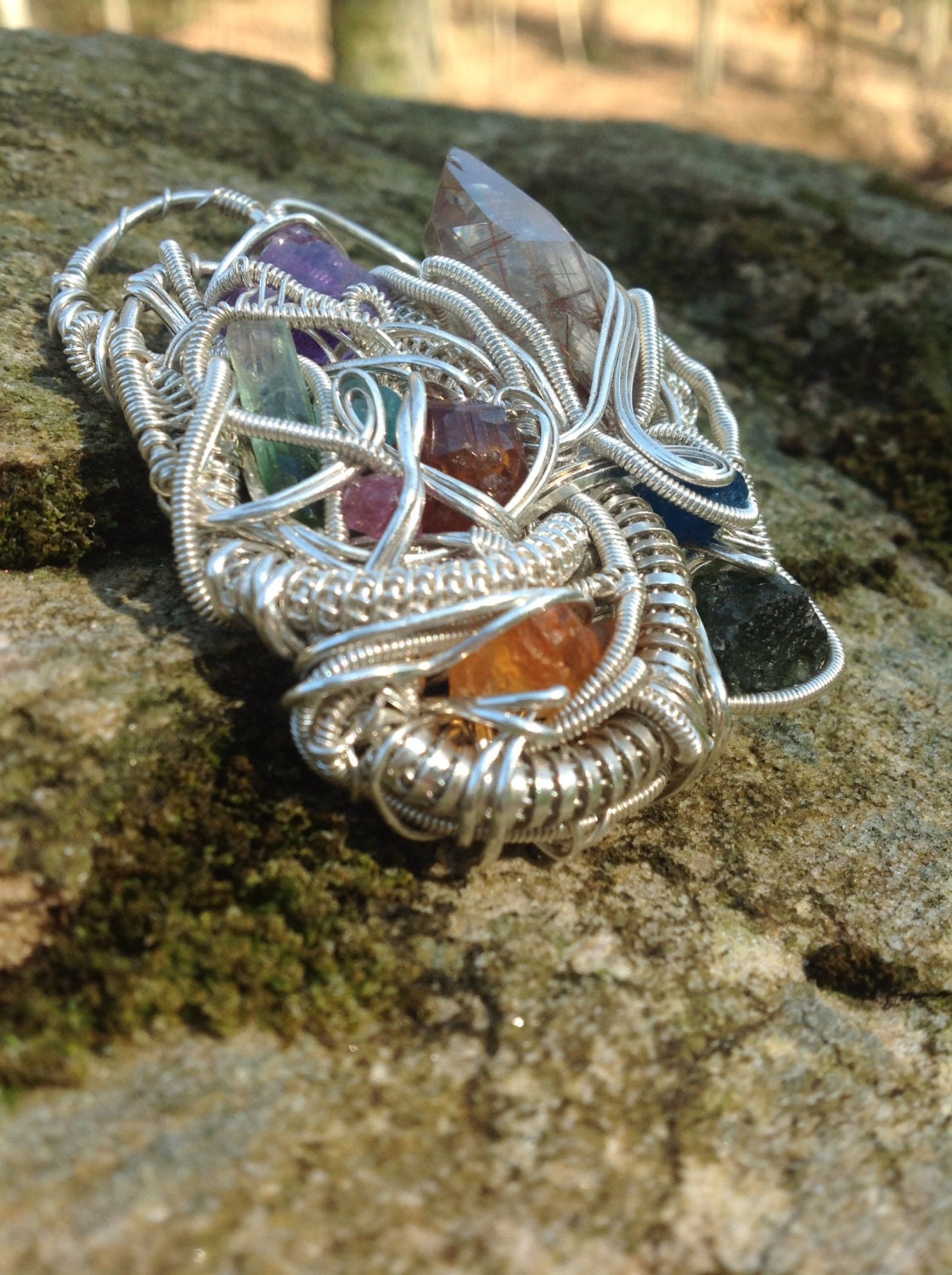 Wire wrap pendant, Kwateesterling moldavite 