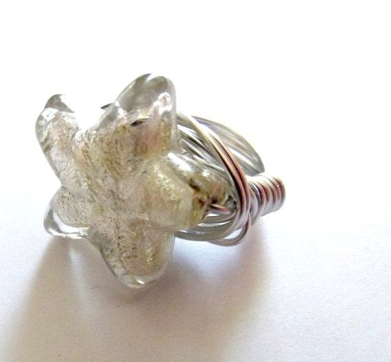 Clear and Silver Star Glass Silver  Wire Wrapped Ring-Custom Jewelry-Woman ring US size5.