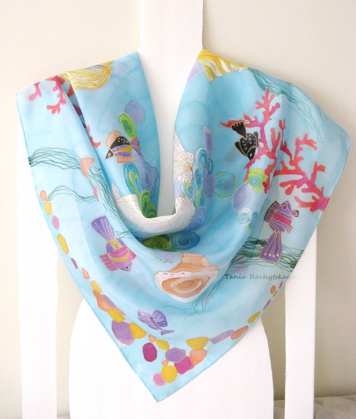 Hand painted silk scarf. Unique. Luxury Soft. Women Shawl. Fishes. Coral. Multicolor-- Blue Turquoise Olive Purple. 35'' x 35''