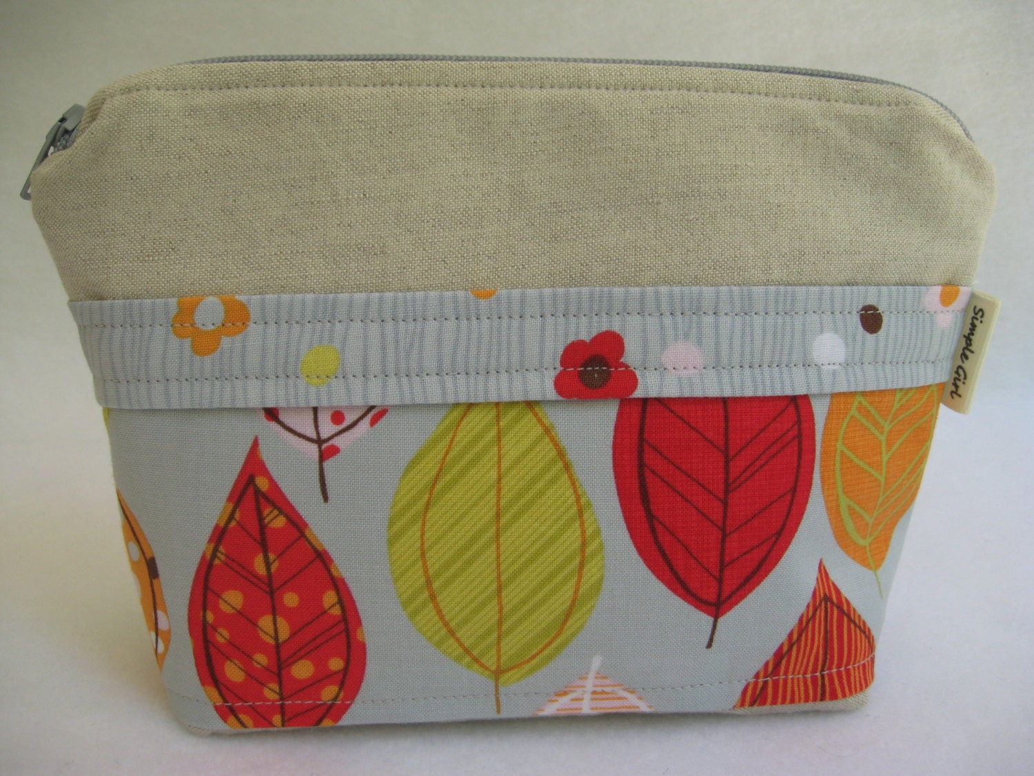 Linen Cosmetic Bag with Leaf Print Trim Cotton Fabric