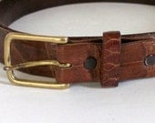 Vitg Brn ALLIGATOR BELT One Pc Alligator Leather Sz 42 Solid Brass Buckle & Medium Caramel Brown Color No Seams