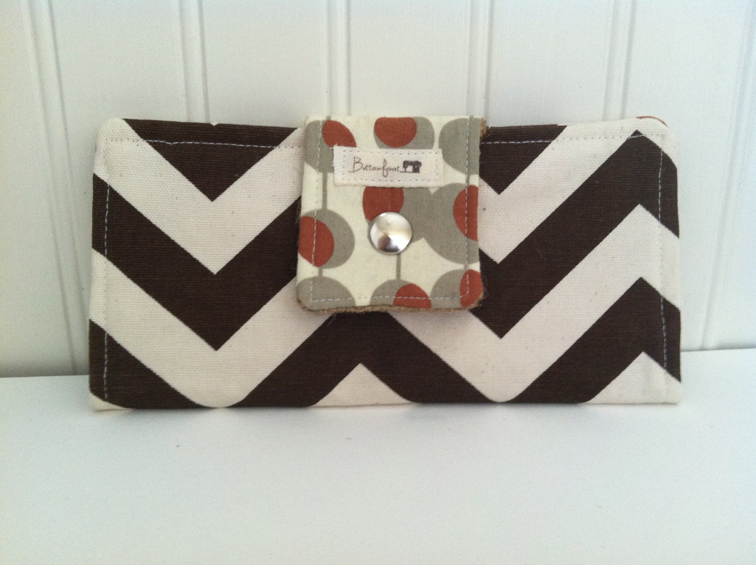 Women's Large Checkbook Wallet  Chevron and Earthy Gray and Rust Pattern with Chocolate and Burnt Orange