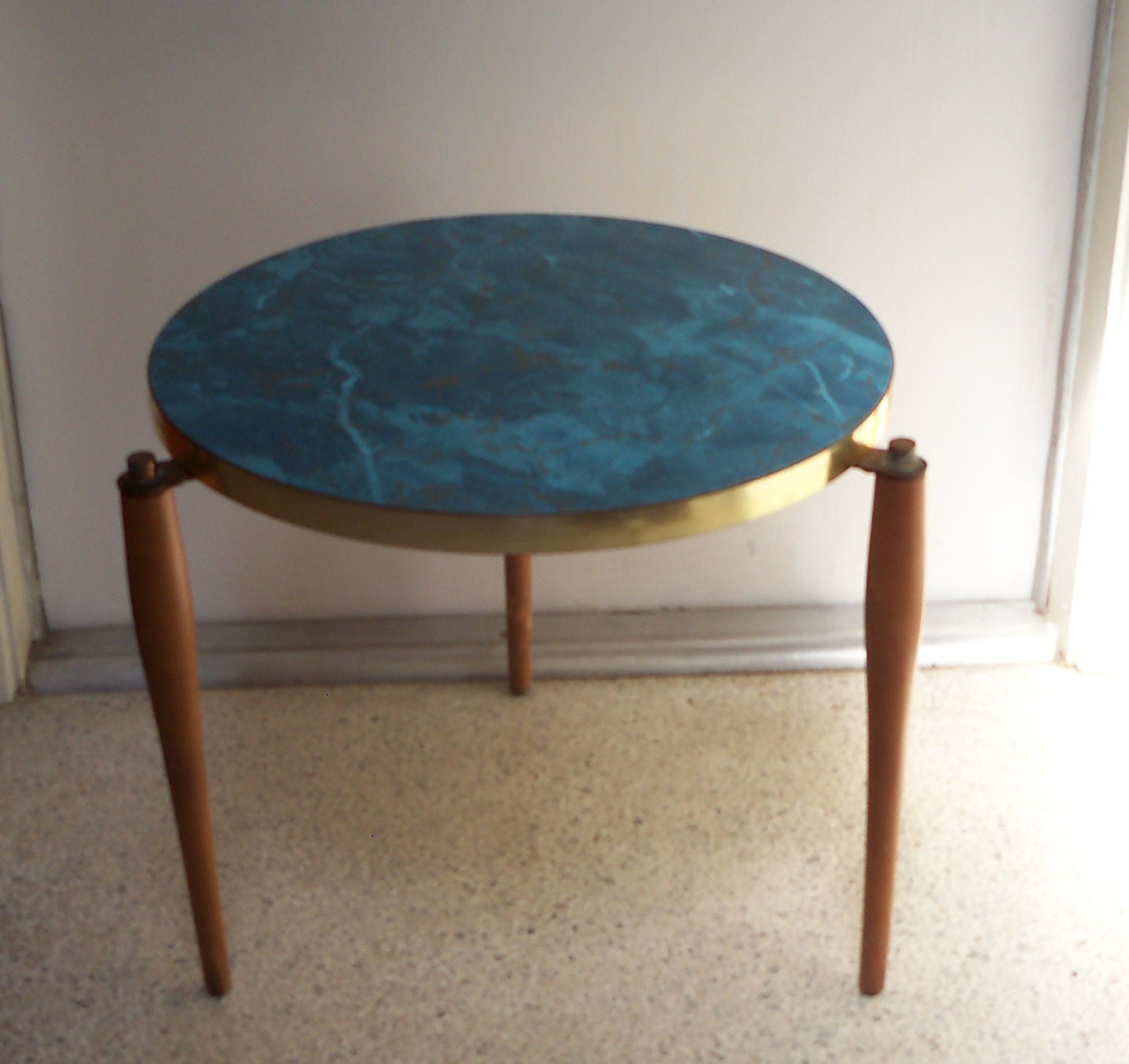 Mid Century 60s Turquoise Blue Formica Round 3 Leg Sofa Side Table Vintage Furniture Home  Decor