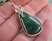 Green Malachite Pendant, SS Fill Wire Wrapped Midwife stone
