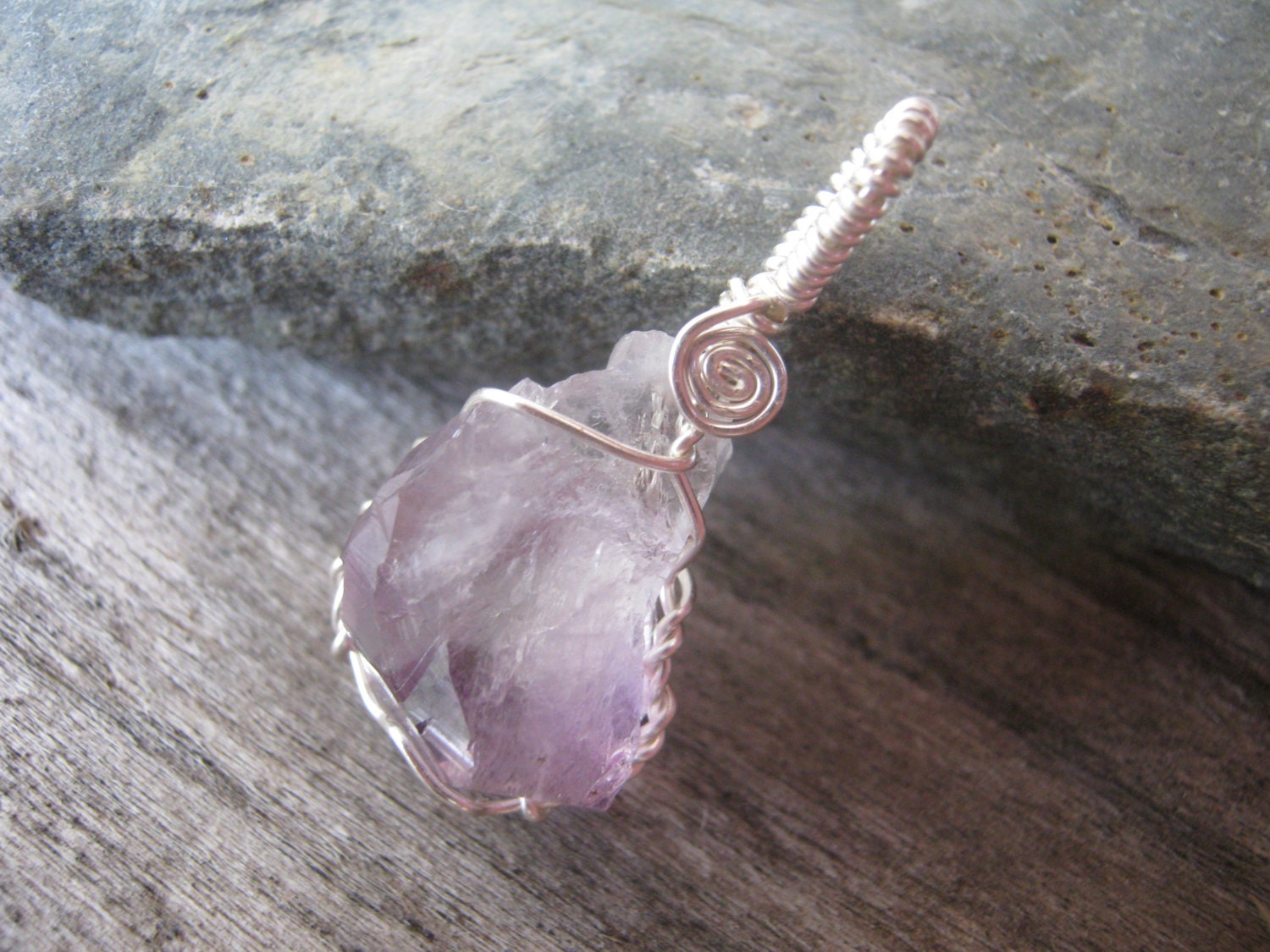 Raw Amethyst Crystal Point Pendant, Wire Wrapped Sterling Silver Plated