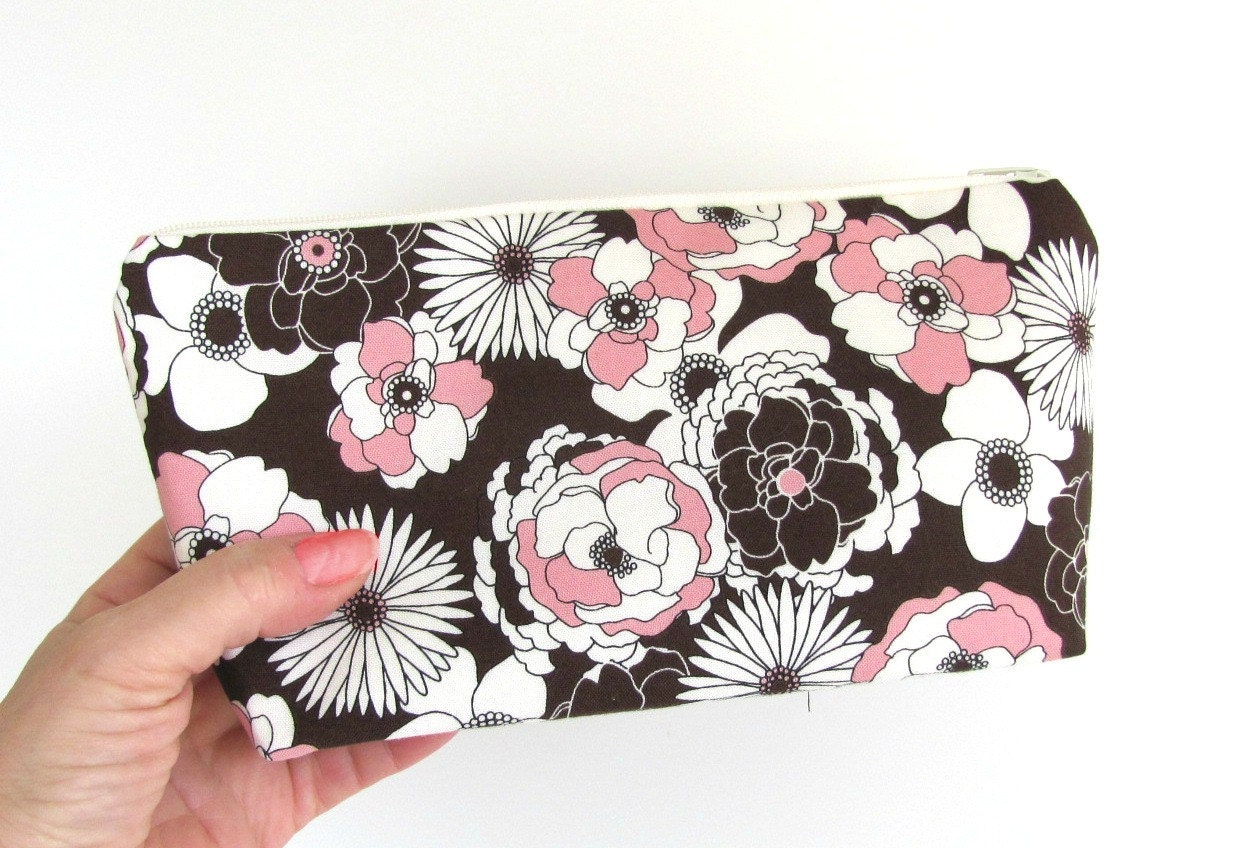 Cosmetic Bag / Makeup Bag Chocolate and Pink Floral Zipper Pouch Gift for Her