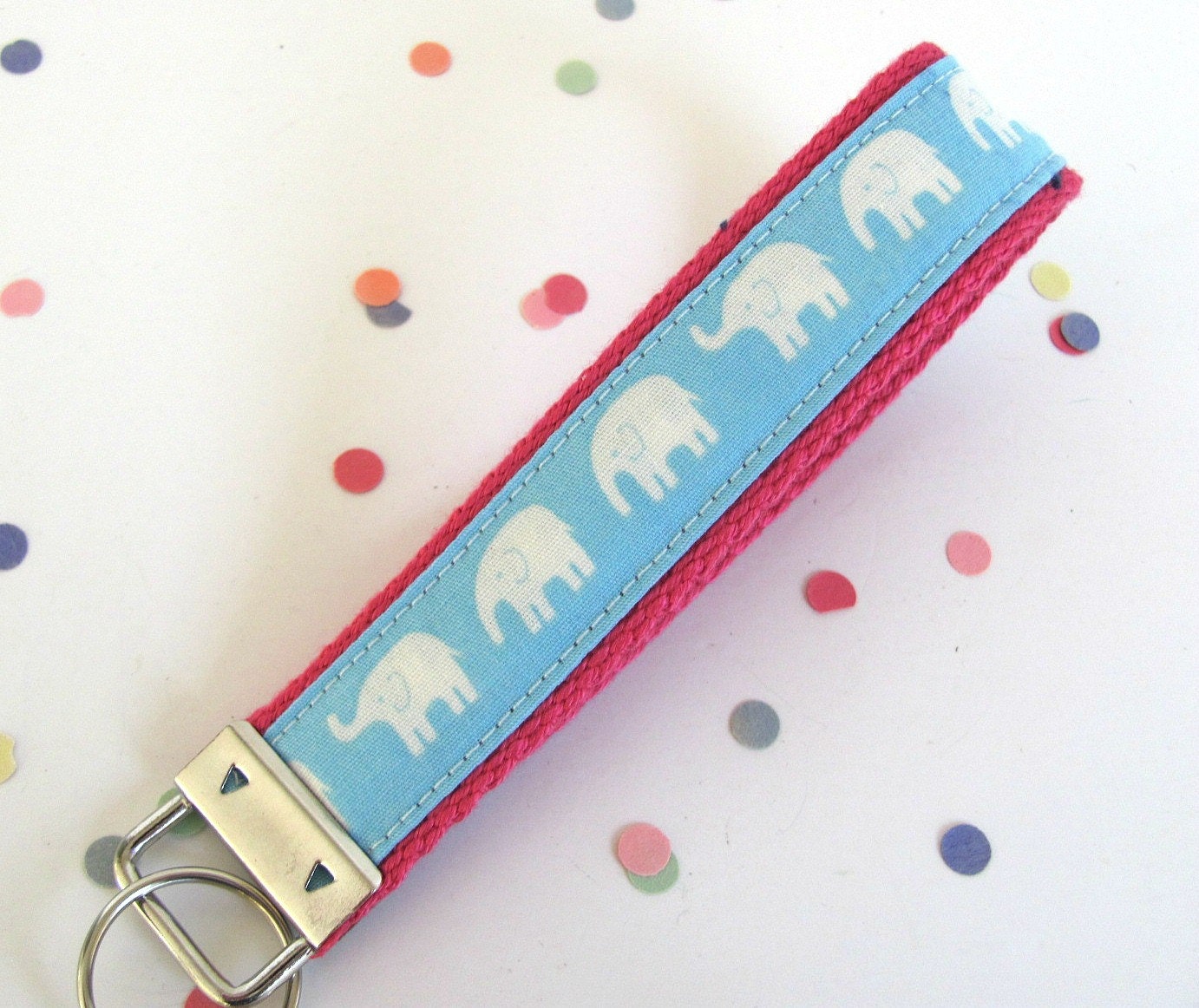 Keychain Wristlet Elephant Key Fob in Blue with Pink Cotton Webbing