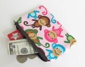 Monkeys Coin Purse (padded) Zipper Pouch - Girl's Cell Phone Pouch or Camera Bag