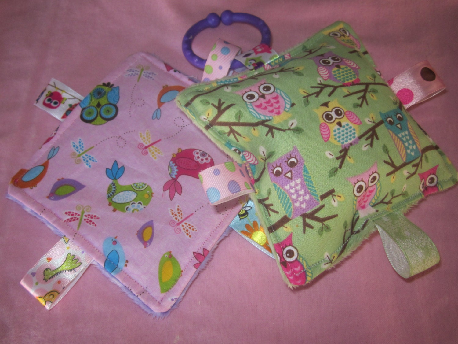 Baby girl Crinkle toys, 5" squares, Tweet Bird Prints, Owl print,  2pc set, new, Made in USA,