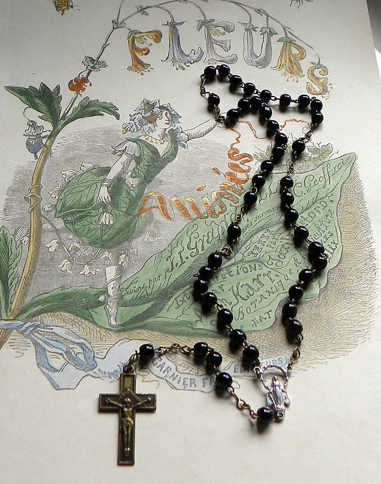 Antique rare Collection from Lourdes France Black Rosary Beads with Holy Water and hand written letter