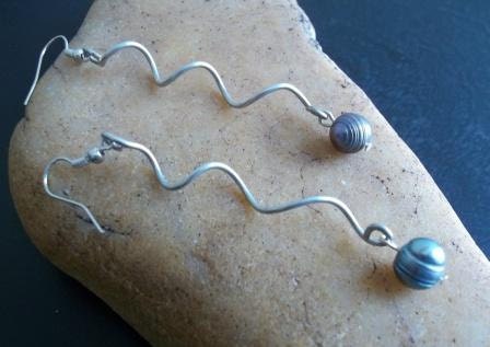 Spiral Dangle Pearl Earrings, Metal, Long, Dangle, Twisted Wire