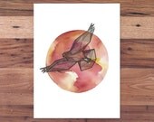 Full Moon Intricate Geometric Hawk - Spirit Animal Print from Handmade Ink & Watercolor Painting