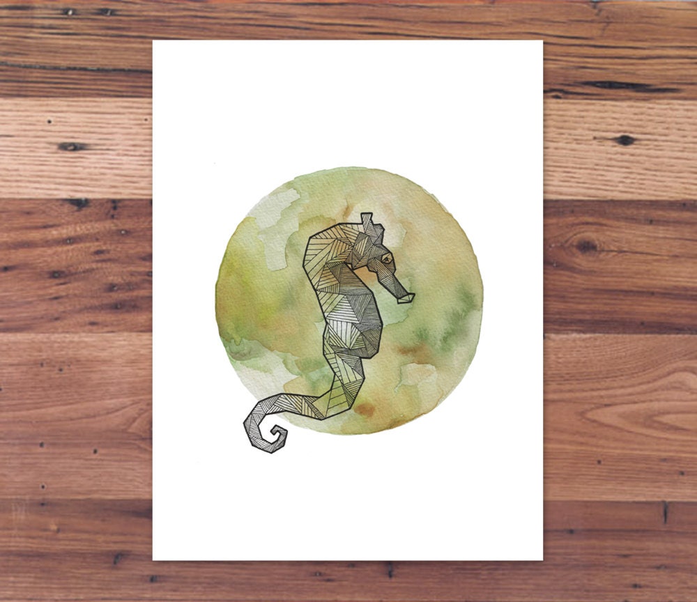 Full Moon Intricate Geometric Seahorse - Spirit Animal Print from Handmade Ink & Watercolor Painting
