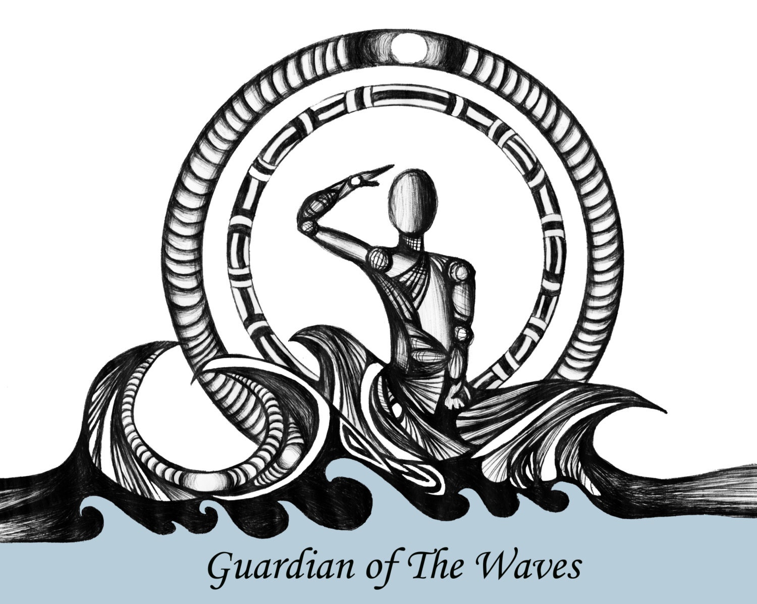 Merman Ink Drawing, Man in Ocean Waves, Print of Original Illustration