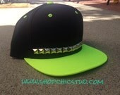 Studded Snapback Hat Neon Green-  One Row - Gold or Silver or Black Studs