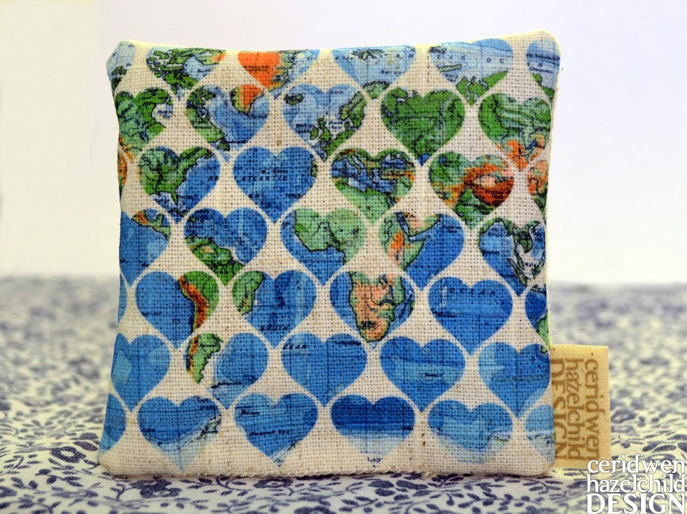 Vintage Map Hearts Illustration Linen Lavender Bag