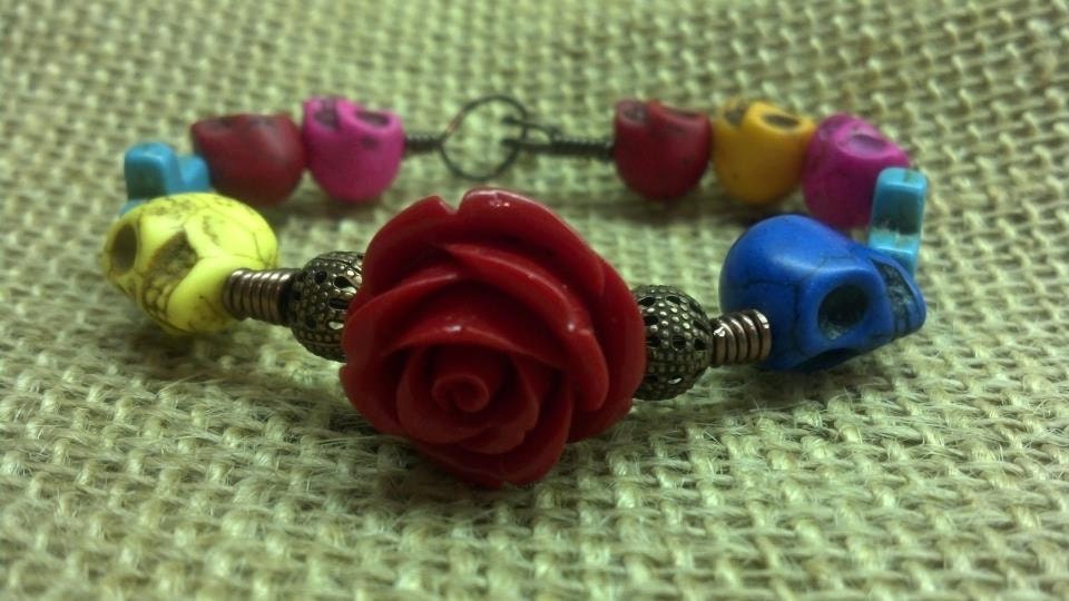 Dia De Los Muertos- Colorful Magnesite Skulls on Copper Wire, Red Rose, Hook Closure