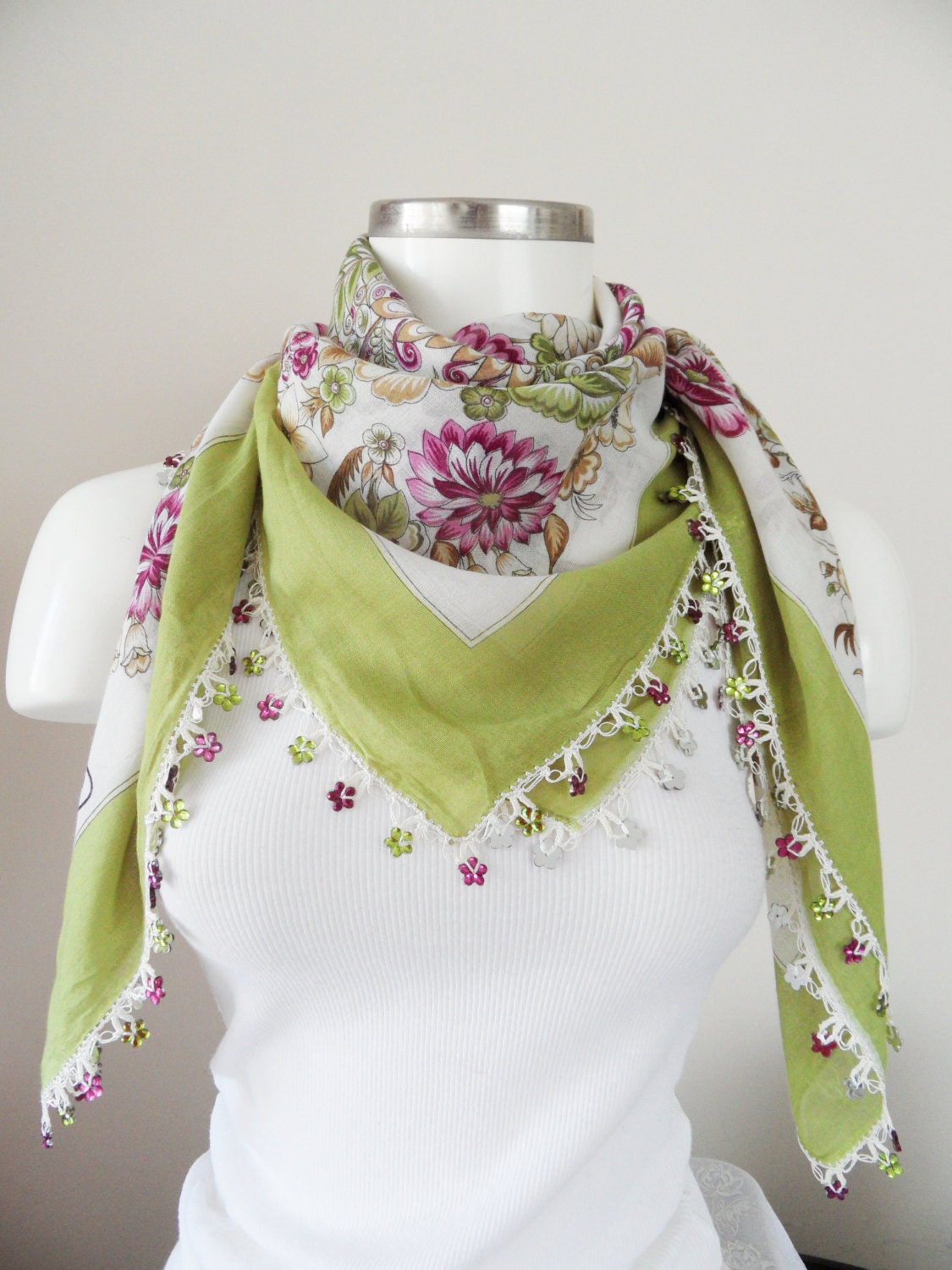 Green scarf, Multicolor, authentic, romantic, Turkish Yemeni OYA Scarf, scarf, elegant, fashion, Floral