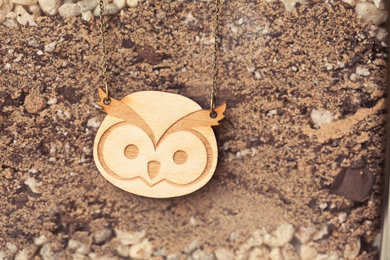 Owl Necklace Lasercut Birch Wood - Nascha - Woodland Creature Jewelry