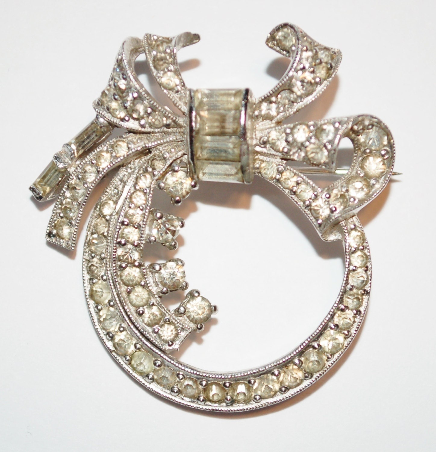 Vintage Retro Rhinestone Pin 1950s Brooch Pendant Large Gem Bow