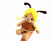 honey bee doll stuffed animal doll crocheted bee amigurumi doll brown yellow spring toy for kids garden gardening nature insect softie cute