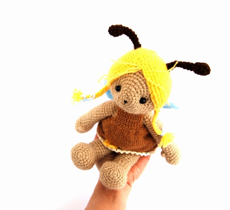honey bee doll stuffed animal doll crocheted bee amigurumi doll brown yellow spring toy for kids garden gardening nature insect softie cute