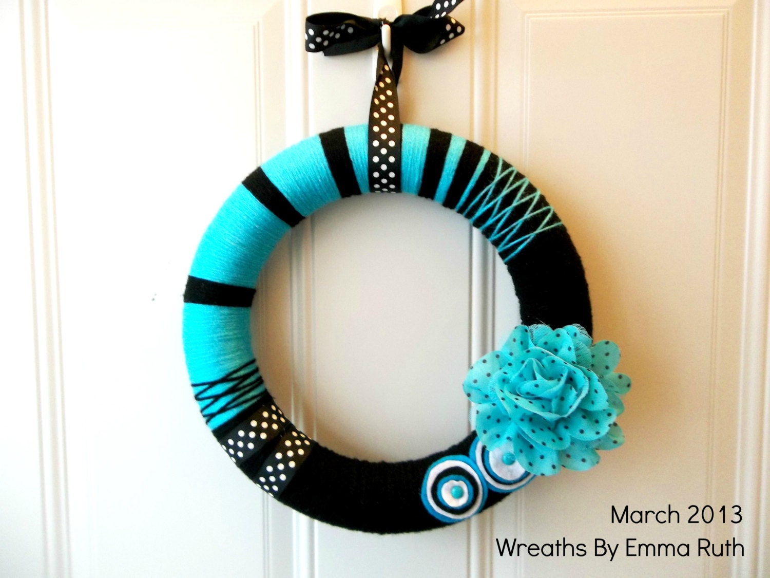 SALE Bright Funky Retro Yarn Wreath with Teal, Turqouise, Black Polka Dot