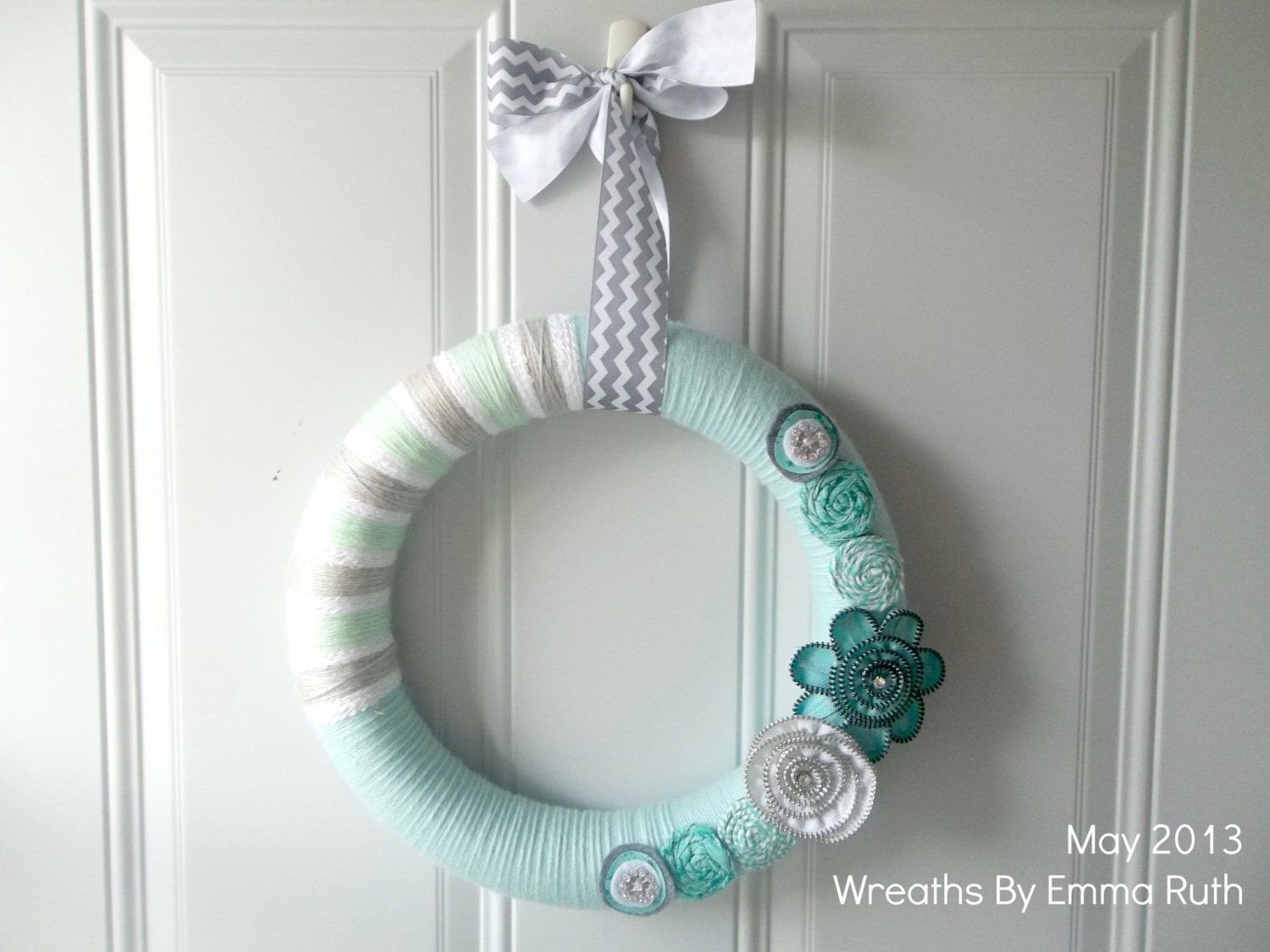 Tiffany Blue Mint Green & White Yarn Wreath with Zipper Flower and rolled rosette Embellishments Spring